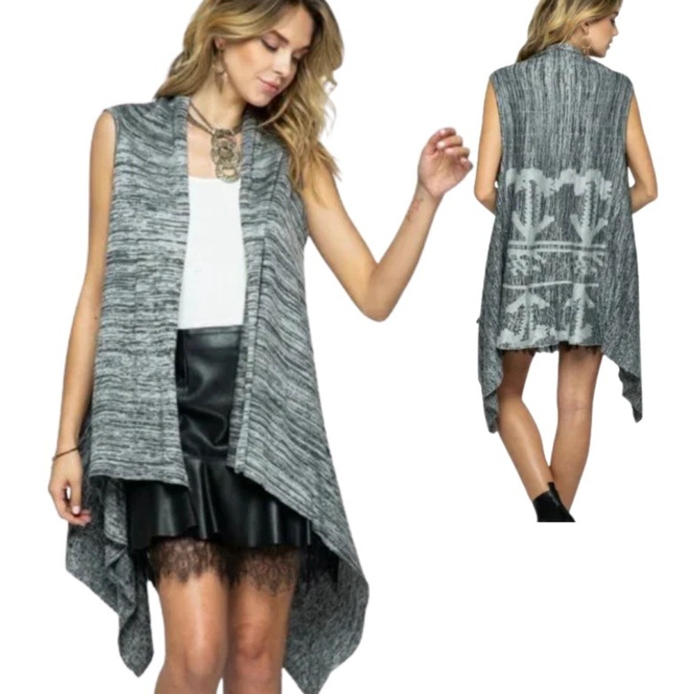 VOCAL Sleeveless Cardigan Vest Gray Open Front Draped Asymmetrical Boho L/XL NWT